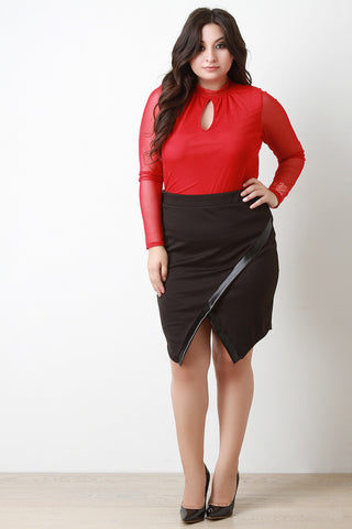 Faux Leather Trim Tulip Midi Skirt