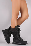 Quilted Nylon Sweater Cuff Lace Up Mid Calf Snow Boots