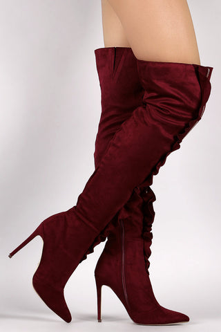 Suede Ruffle and Zipper Pointy Toe Stiletto Heel Boots