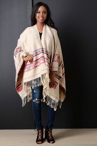 Native Tribe Fringe Hem Open Front Poncho