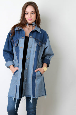 Colorblock Raw Hem Button-Up Denim Jacket