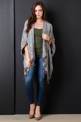 Brushed Loose Knit Neon Inset Fringe Poncho