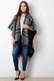 Checkered Open Front Fringe Hem Poncho