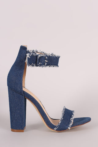 Frayed Denim Strappy Chunky Heels