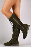 Vegan Suede Mid Calf Rib Knit Trim Combat Boots