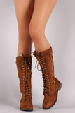 Vegan Suede Mid Calf Rib Knit Trim Combat Boots