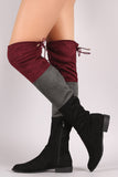 Colorblock Drawstring-Tie Riding Over-The-Knee Suede Boots