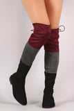 Colorblock Drawstring-Tie Riding Over-The-Knee Suede Boots