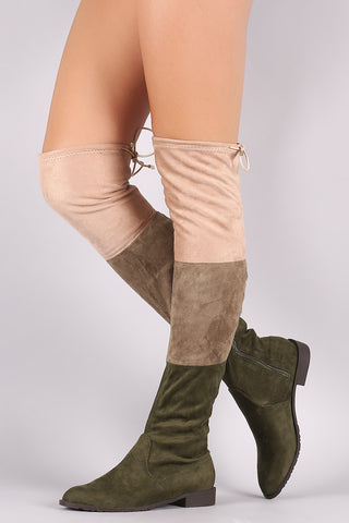 Colorblock Drawstring-Tie Riding Over-The-Knee Suede Boots