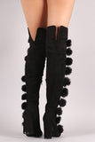 Faux Fur Pom Pom Chunky Heeled Over-The-Knee Suede Boots