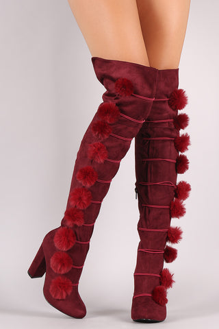 Faux Fur Pom Pom Chunky Heeled Over-The-Knee Suede Boots