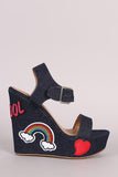 Bamboo Denim Fun Patches Ankle Strap Platform Wedge