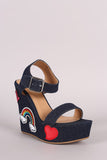 Bamboo Denim Fun Patches Ankle Strap Platform Wedge