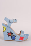 Bamboo Denim Fun Patches Ankle Strap Platform Wedge