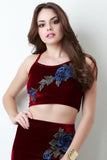 Velvet Embroidered Floral Crop Top