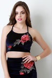 Velvet Embroidered Floral Crop Top