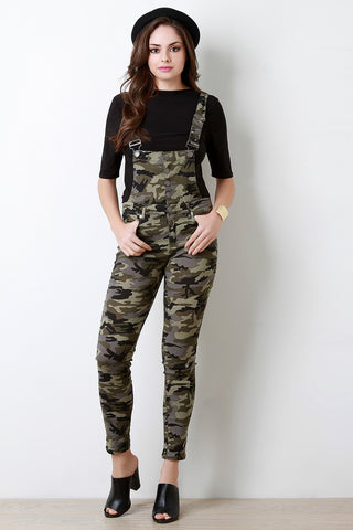 Military Camo Button-Up Pocketed Overalls