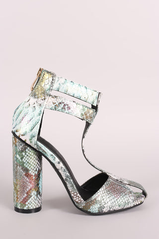 Python Print Strappy Caged Lucite T-Strap Round Heel