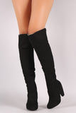 Bamboo Leopard Fur Cuff Heeled Suede Boots