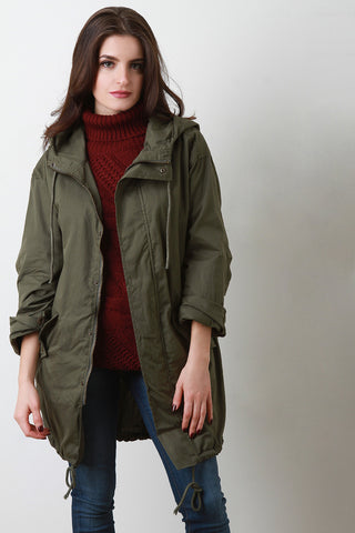 Hooded Drawstring Hem Utility Jacket