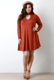 Long Sleeve Mock Neck Key Hole Shift Dress