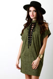 Suede Cold Shoulder Lace-Up Eyelet Trim Tunic Dress