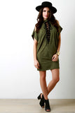 Suede Cold Shoulder Lace-Up Eyelet Trim Tunic Dress