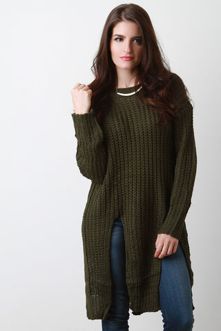 Chunky Rib Knit Slit Long Line Sweater