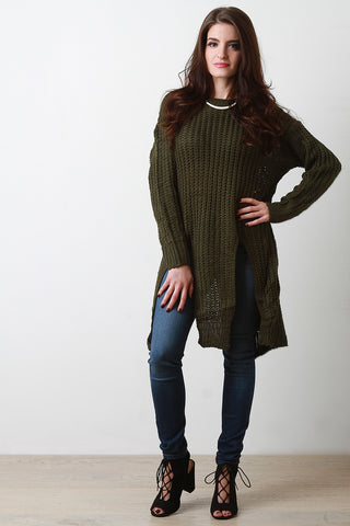 Chunky Rib Knit Slit Long Line Sweater