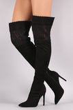 Suede Scalloped Lace Panel Pointy Toe Stiletto Boots