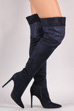 Suede Scalloped Lace Panel Pointy Toe Stiletto Boots