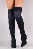 Suede Scalloped Lace Panel Pointy Toe Stiletto Boots