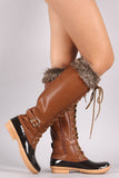 Faux Fur Cuff Lace Up Duck Knee High Boots