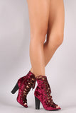 Shoe Republic LA Crushed Velvet Lace Up Chunky Heeled Booties