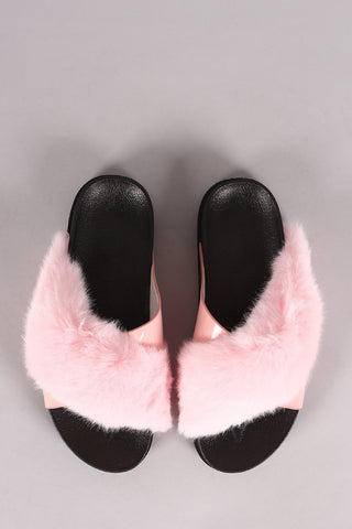 Crisscross Straps Fur Slide Sandal