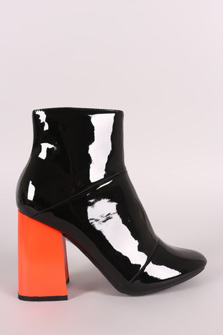 Seamed Contrast Chunky Heeled Patent Ankle Boots