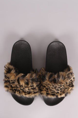 Qupid Fuzzy Leopard Faux Fur Slide Sandal