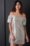 Liquid Metal Off The Shoulder Shift Dress