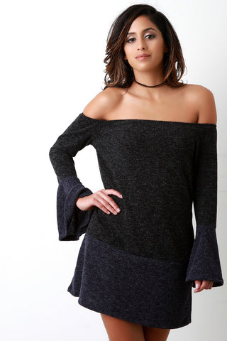 Brushed Marl Knit Two-Tone Off-The-Shoulder Shift Dress