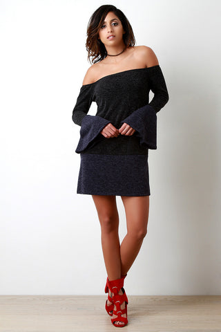 Brushed Marl Knit Two-Tone Off-The-Shoulder Shift Dress