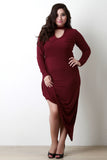 Mock Neck Keyhole Asymmetrical Drape Hem Dress