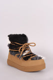 Patchwork Faux Fur Trim Lace Up Nubuck Winter Boots