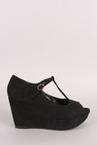 Bamboo Suede T-Strap Peep Toe Platform Wedge