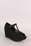 Bamboo Suede T-Strap Peep Toe Platform Wedge