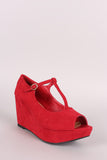 Bamboo Suede T-Strap Peep Toe Platform Wedge