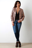 Sequin Rib Knit Trim Zip-Up Bomber Jacket