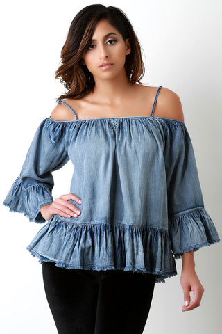 Cold Shoulder Ruffle Sleeves and Hem Top