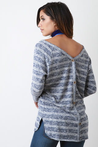 Button Back Marled Striped Sweater Top