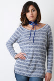 Button Back Marled Striped Sweater Top