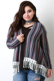 Multi-Stripe Rib Knit Crochet Trim Hem Cardigan